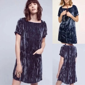 Anthropologie Floreat Blue Velvet Crinkle Short Shift Dress Size XS Pockets